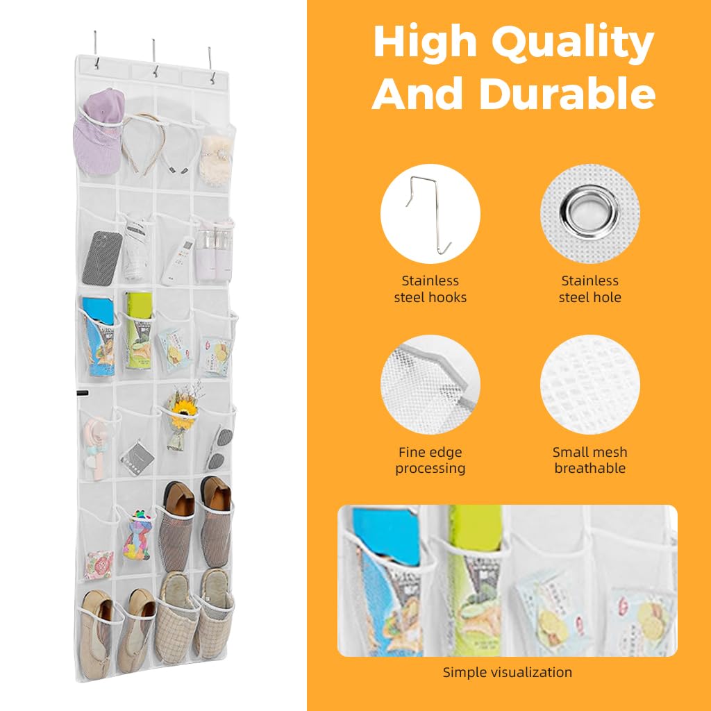 HASTHIP Shoe Organizer for Door Storage with 24 Pockets and 3 Eyelets | Non Woven White Bag