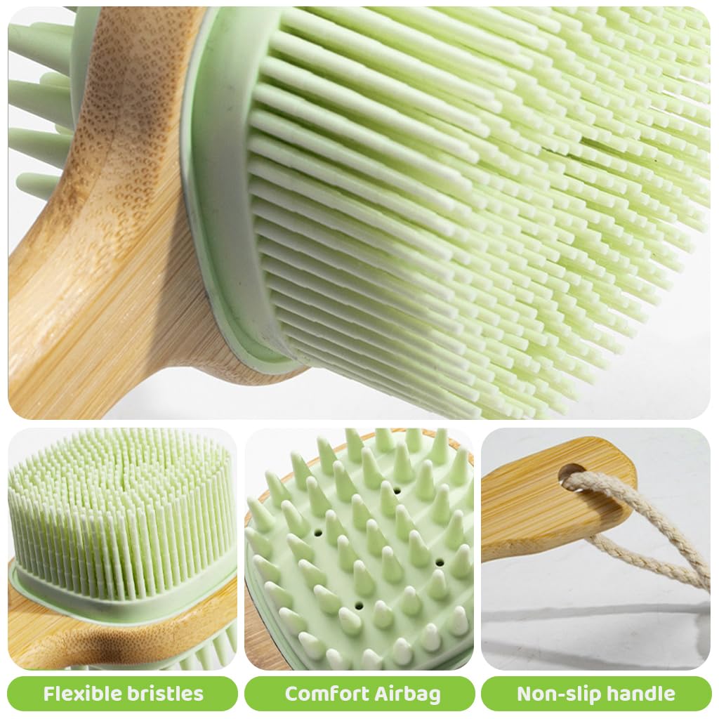 MAYCREATE Silicone Back Scrubber for Shower with Dual Sided Bristles and Wooden Handle | Green