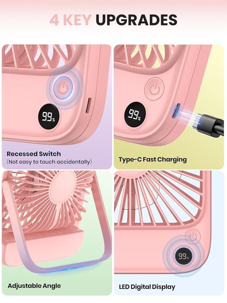 Verilux USB Fan for Desk and Travel featuring Kickstand and 4-Speed Airflow | 5000mAh Rechargeable Pink Fan
