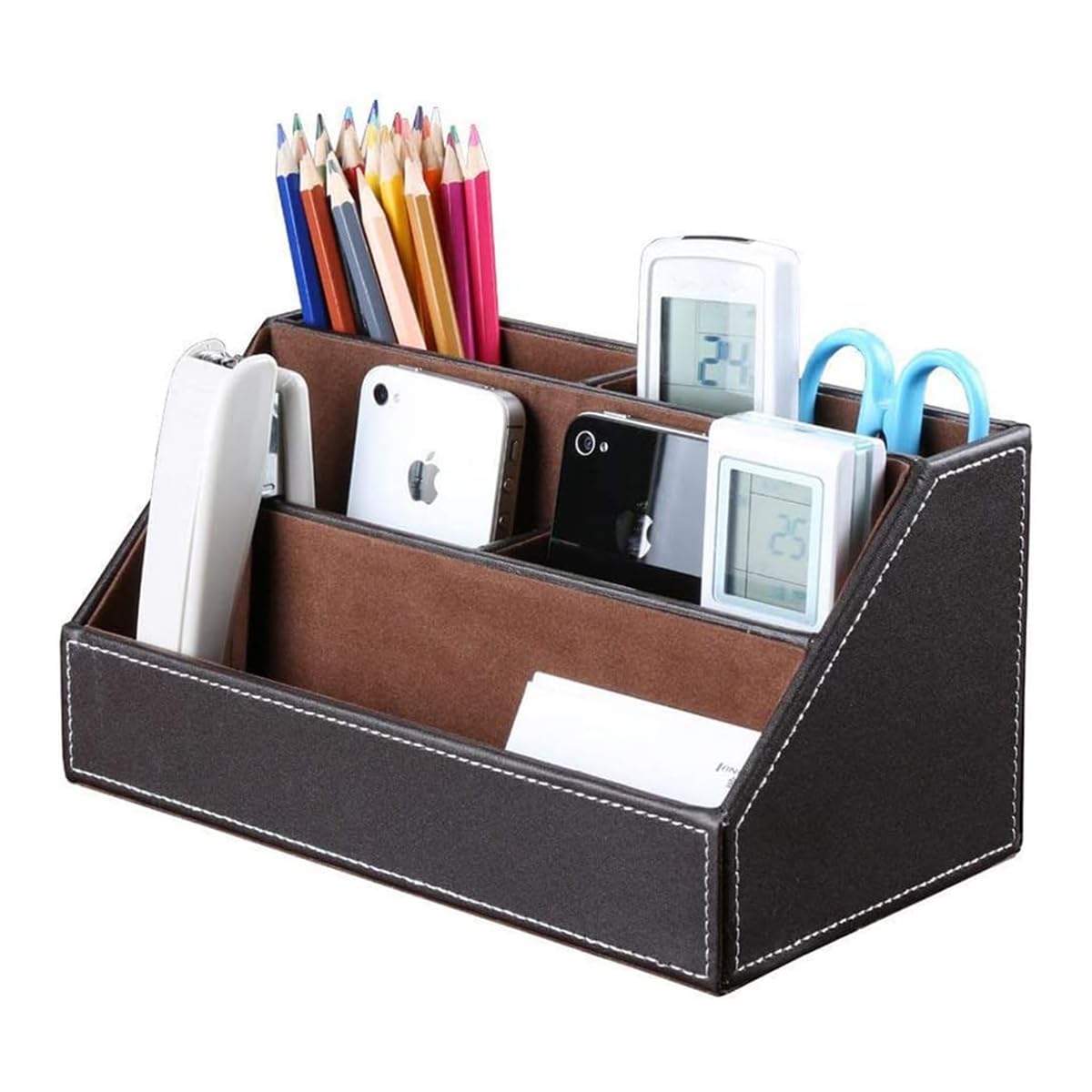 Climberty® Pu Leather Desk Organizer with 5 Compartments Holder, Multi-Functional Office Supplies Storage Caddy for Pen/Pencil, Phones, Remote Controller and Desktop Accessories Brown (24x13.5x12cm)