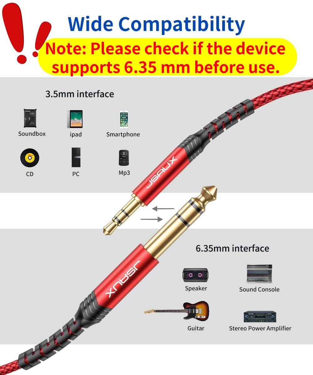 JSAUX 3.5mm to 6.35mm Stereo Audio Cable for Guitar and Amplifiers featuring 24k Gold-Plated Connectors and Nylon Braid 3.9ft | Hi-Fi Sound Connection