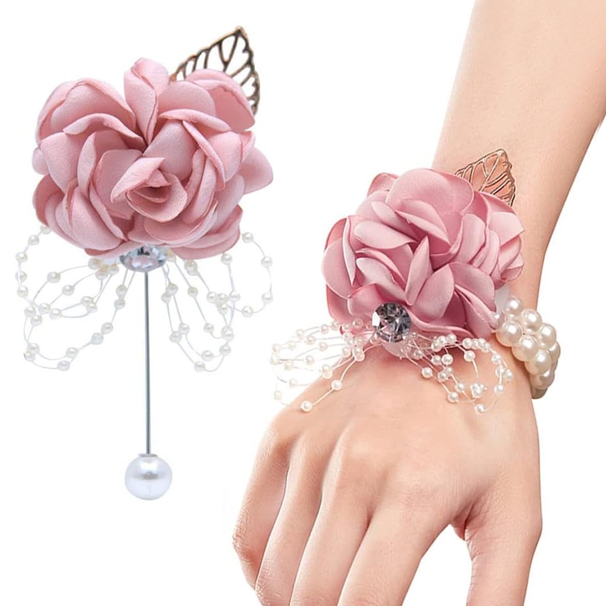 PALAY Rose Corsage Pearl Bracelet for Wedding and Prom featuring Pink Floral Design | Set of 2