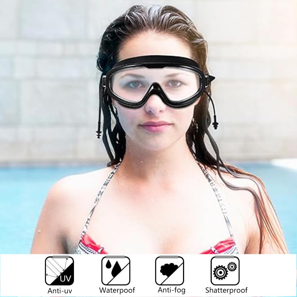 Proberos Swim Goggles for Adults with Integrated Ear Plugs and Anti Fog Lens | Black