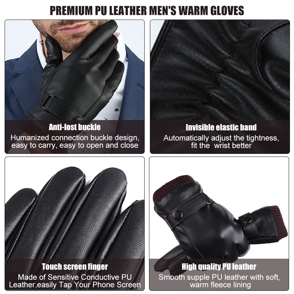 Proberos Winter Gloves for Men with PU Leather and Fleece Lining | Touch Screen Driving 3PCS