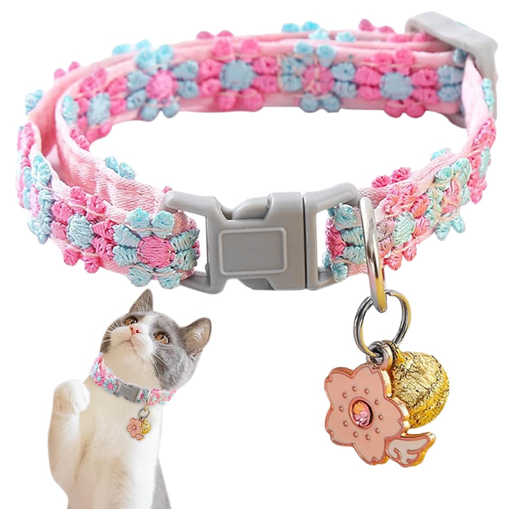 Qpets® Floral Cat Collar, Cute Color Flower Cat Collar with Bell, Embroidery Handmade Sakura Charm Adjustable Quick Release Small Pet Collar