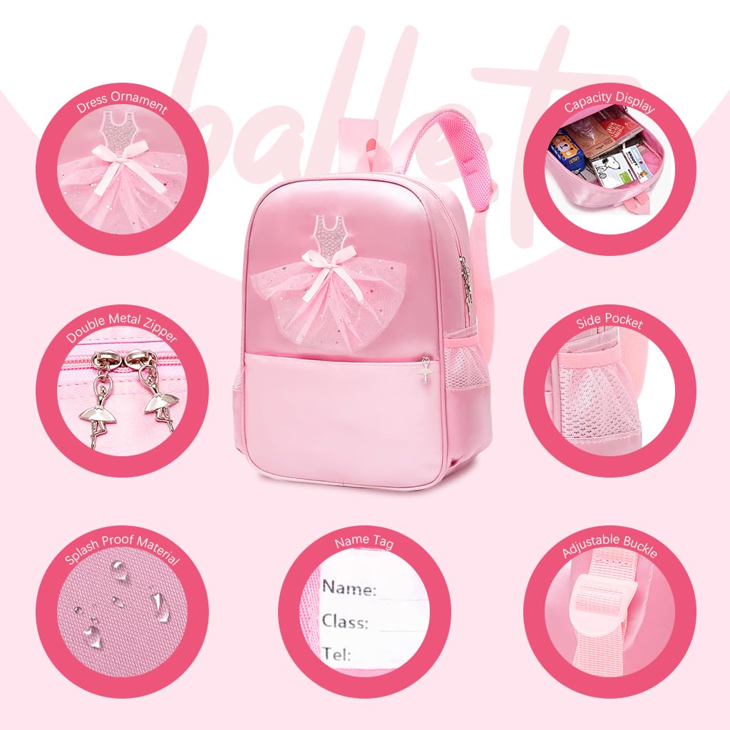 PALAY® Girls Pink Backpack School Backpack Bookbag for Girls Cute Ballet Dress Backpack Ballet Class Bag Nylon Waterproof Zipper Backpack Travel Backpack Birthday School Gift Christmas Gift for Girls