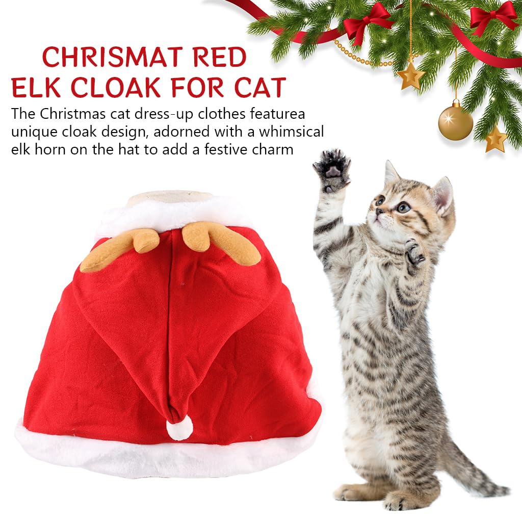 Qpets® Chrismat Cat Clothes, Dress Up Clothes Chrismat Red Elk Cloak for Cat Warm Plush Cloak Adjustable Drawstring Hat Christmas Party Clothes for Cat, L