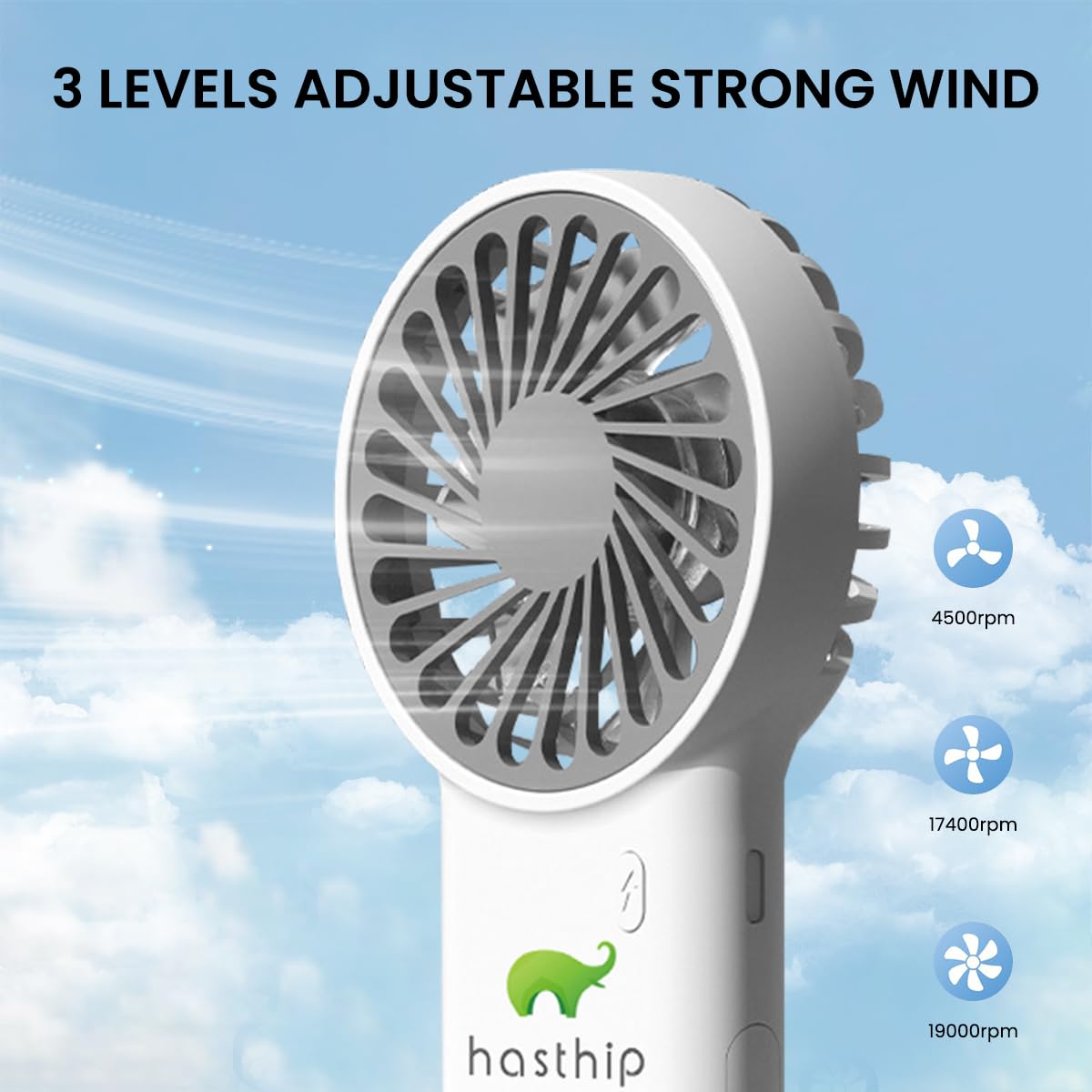 HASTHIP® USB Rechargeable Handheld Mini Fan, 3 Speed Settings, Long Battery Life, Folding Tail Hook, Quiet Pocket Fan for Travel, Outdoor, Office, Home, Summer Heat Relief (White)