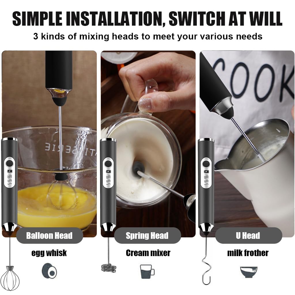 Supvox Hand Blender for Coffee 3 in 1 Frother Coffee Maker with 3 Speed Milk Frother for Coffee Frother Electric USB Rechargeable Coffee Beater with 3 Stainless Whisks Head for Latte Hot Chocolate