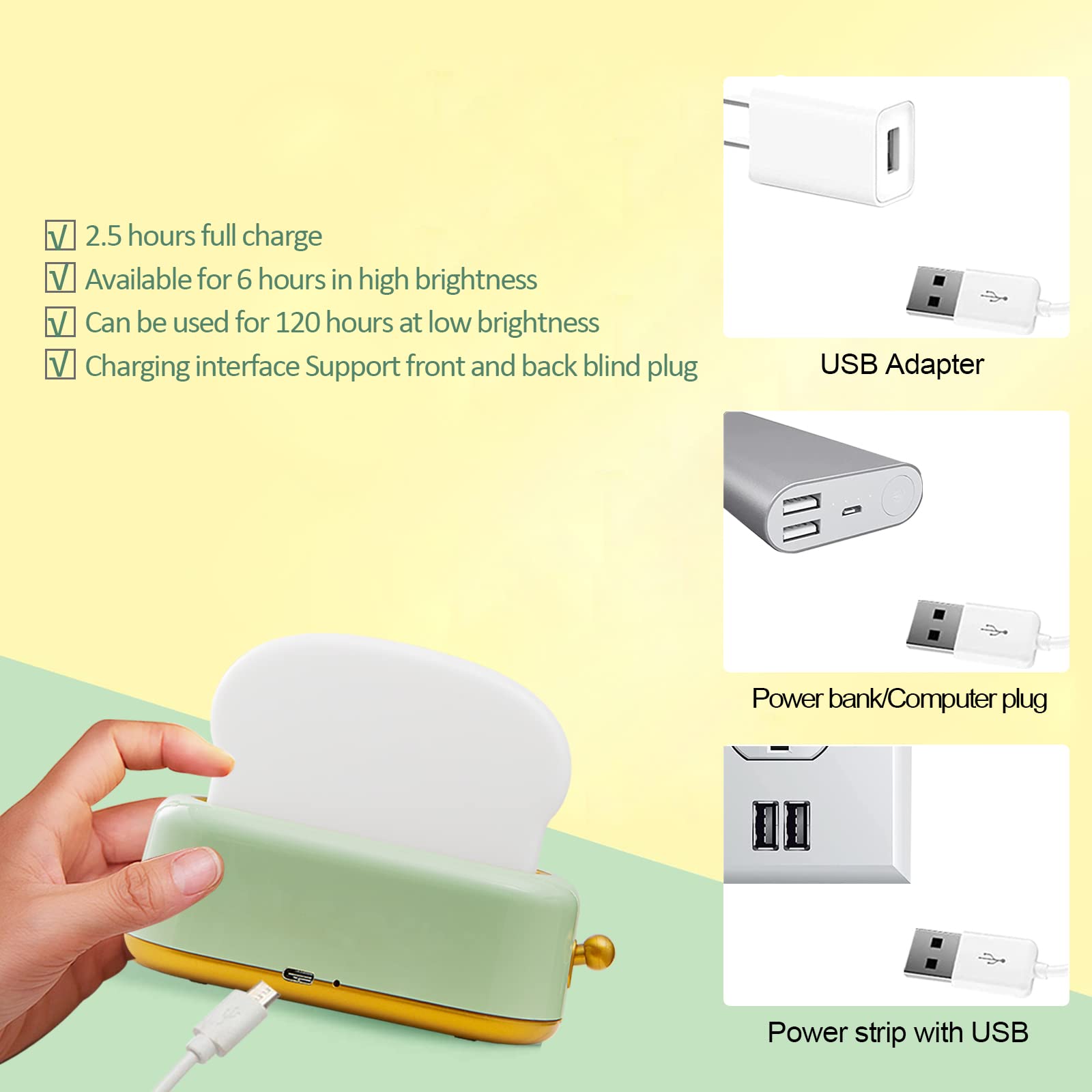 ELEPHANTBOAT Plastic Desk Lamp for Kids featuring Cartoon Toaster Design and USB Rechargeable Warm Dimmable LED | 3PCS Green Set