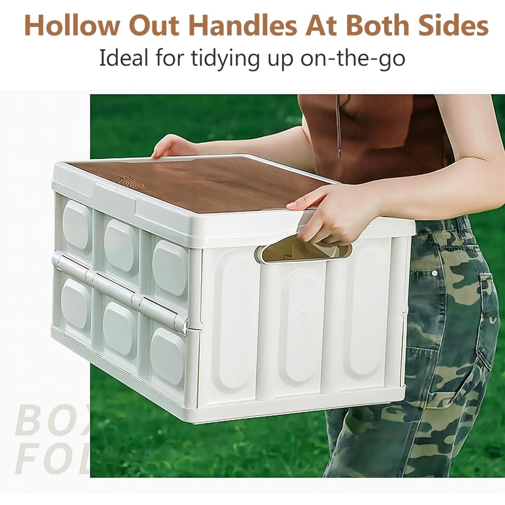 Proberos Camping Storage Box for Outdoor and Car with 30L Capacity and Detachable Wooden Lid | Eco-Friendly PP Organiser