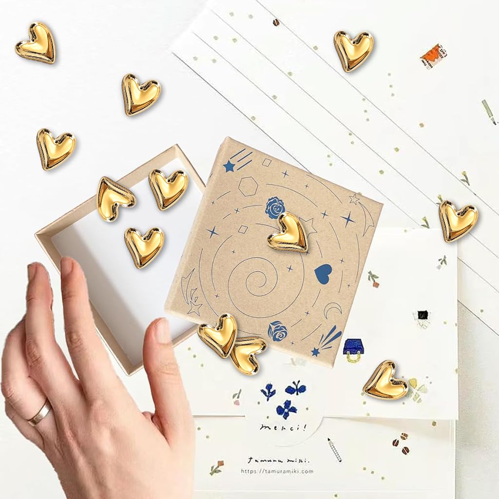 HASTHIP Refrigerator Magnets for Home and Office with 12 Heart Shapes 0.7 in Resin Gold Finish | Strong Decorative Holders for Notes and Photos