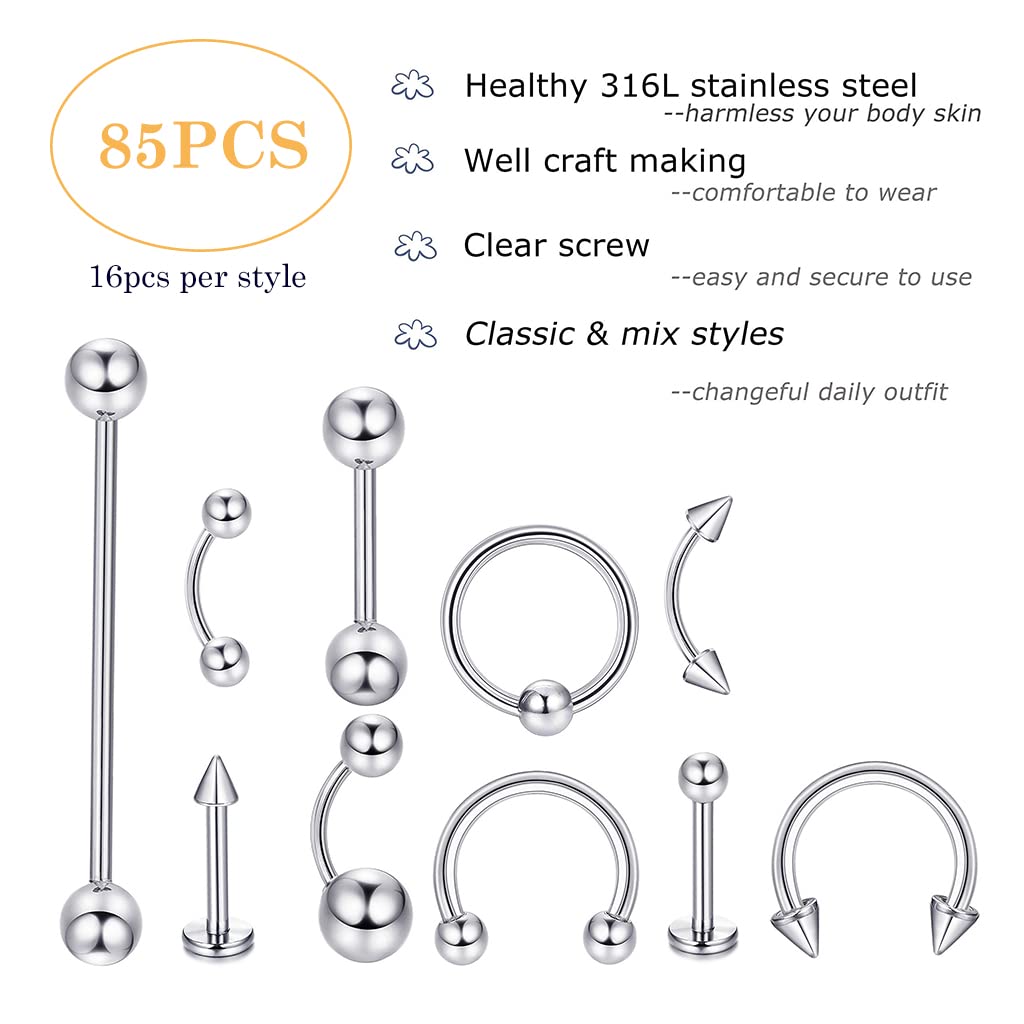 HASTHIP® 85 pcs Stylish Piercing Stainless Steel Body Jewelry Set for Women and Men For Lip,Tongue,Eyebrow,Nipple,Belly Button,Nose & Piercing Art