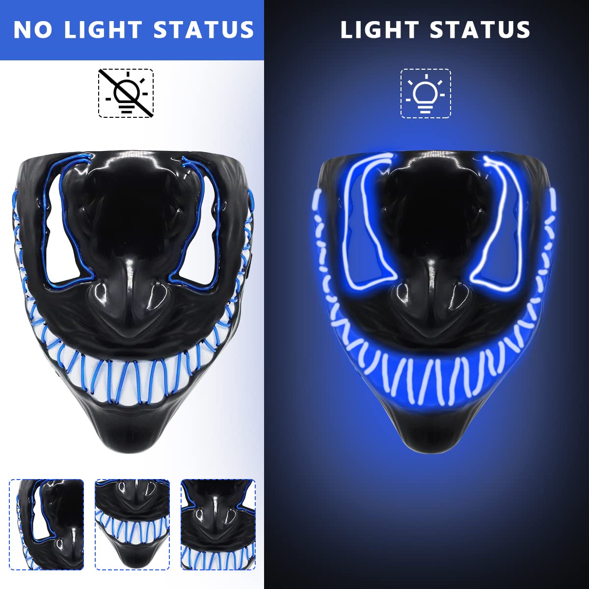 ELEPHANTBOAT LED Halloween Mask for Cosplay and Parties featuring 3 Light Modes 19×22cm | Blue Neon Glow Eyes for Adults and Kids