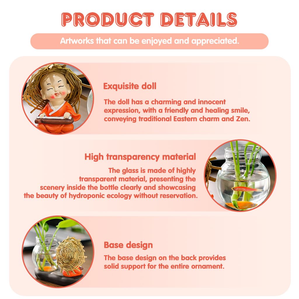 HASTHIP Zen Hydroponic Kit for Desk Decor with Glass Bottle and Smiling Little Monk Figurine
