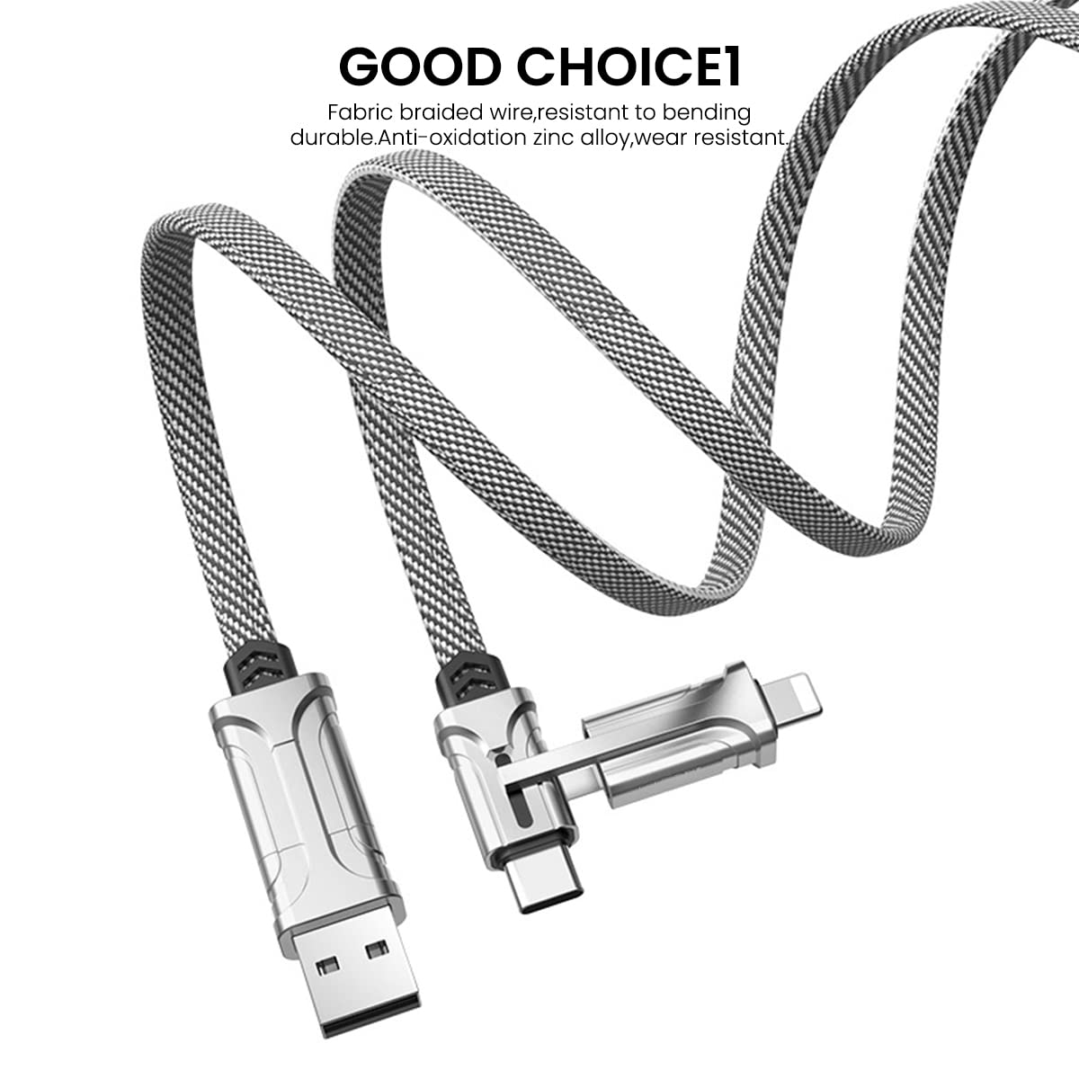 Zeitel 4 in 1 Charging Cable for iPhone and Android with 60W Fast Charge and Nylon Braid 1.2m