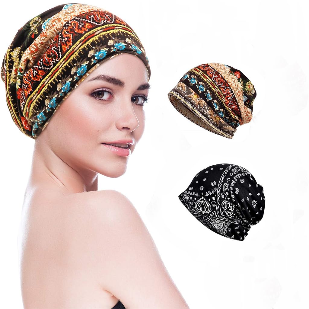 PALAY® Slouchy Chemo Cap Beanie Cap for Women, Boho Print Bandanas Skull Cap, Fashion Soft Stretch Chemo Scarf, Casual Saggy Head Scarves for Women - All Seasons Use