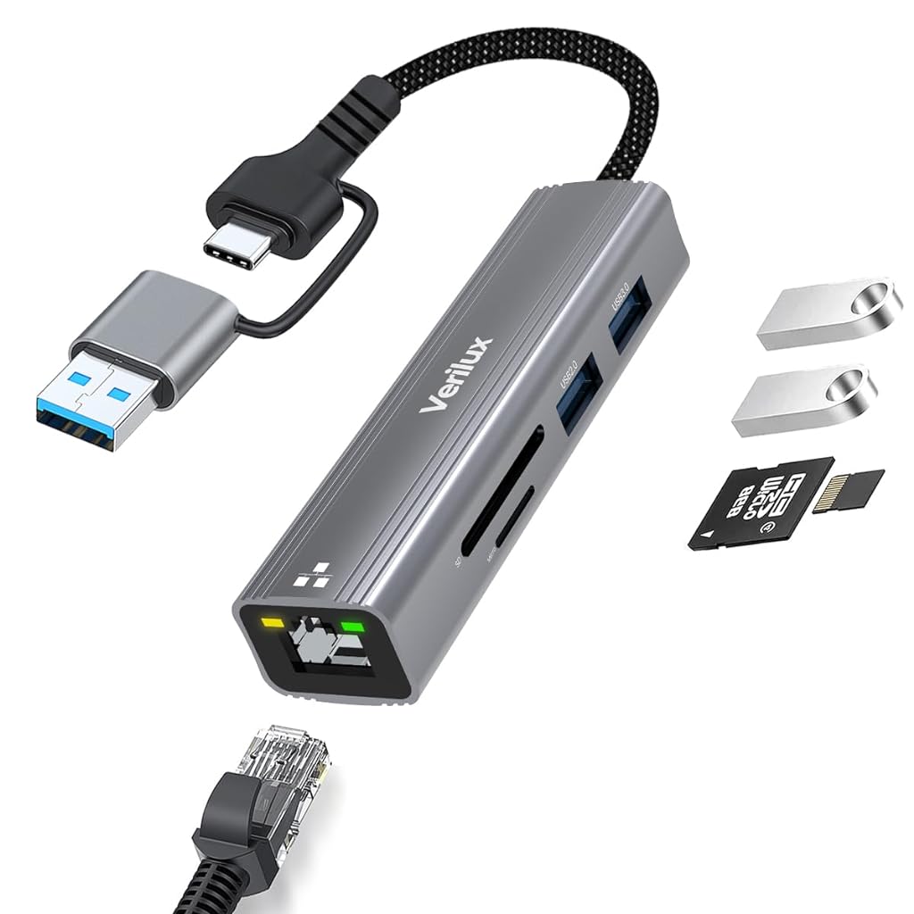 Verilux® USB C Hub with Ethernet RJ45 5 in 1 USB Type C Hub with SD/TF Card Reader Multi USB Port for Laptop with USB Hub 3.0 and 2.0 for MacBook Air M1 Pro, iPhone 15 Plus Pro Max