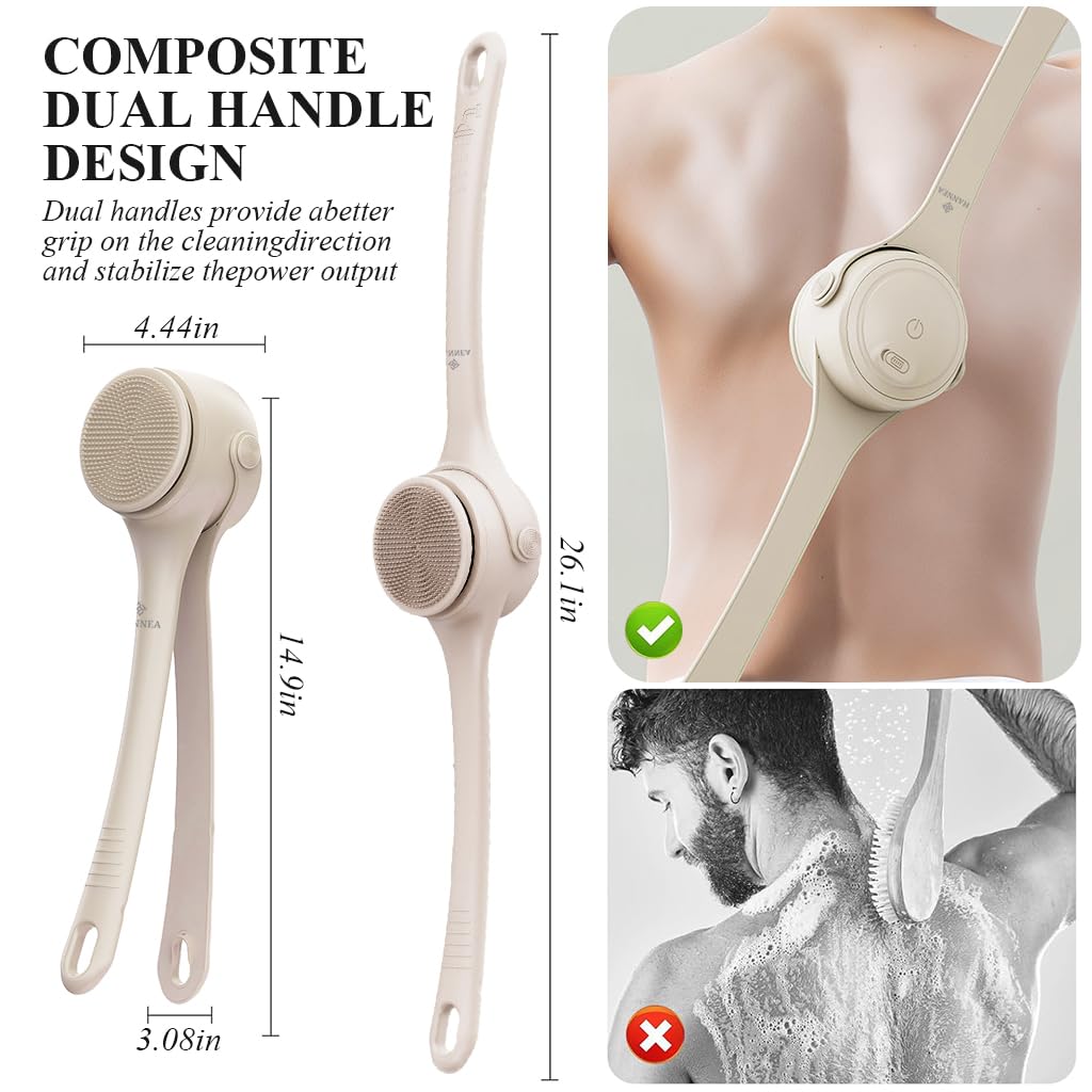 HANNEA Electric Bath Brush with 4 Heads and 2 Modes for Exfoliation and Dual Handle Design