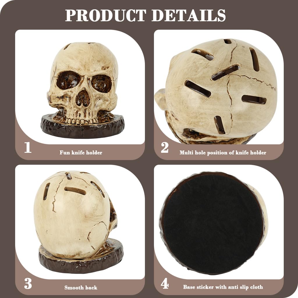 Supvox Skull Shaped Blades Holder for Kitchen and Halloween Decor with 7 Slots | Wooden Base
