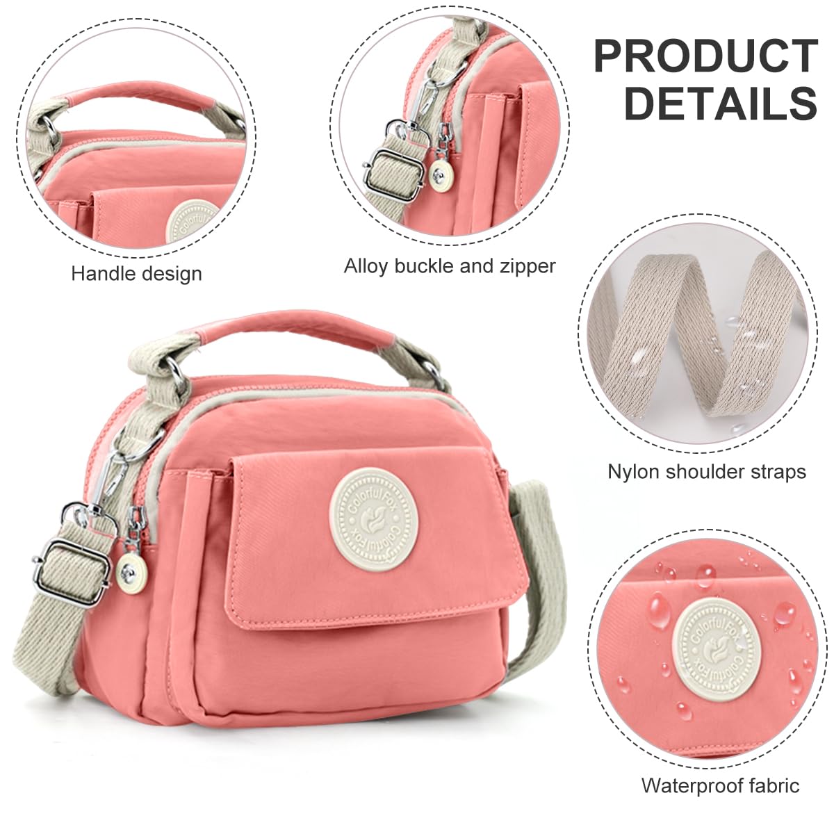 PALAY® Womens Crossbody Bag with Handle Fashion Shoulder Bag Sling Bag Travel Casual Handbag Triple Layer Small Shoulder Messenger Bags Waterproof Nylon Bag, Pink