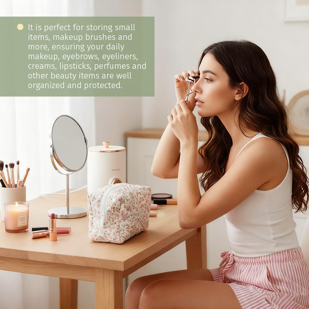 ZIBUYU Quilted Floral Cosmetic Pouch for Travel and Daily Use with Secure Zipper | Cotton Organizer Bag for Women