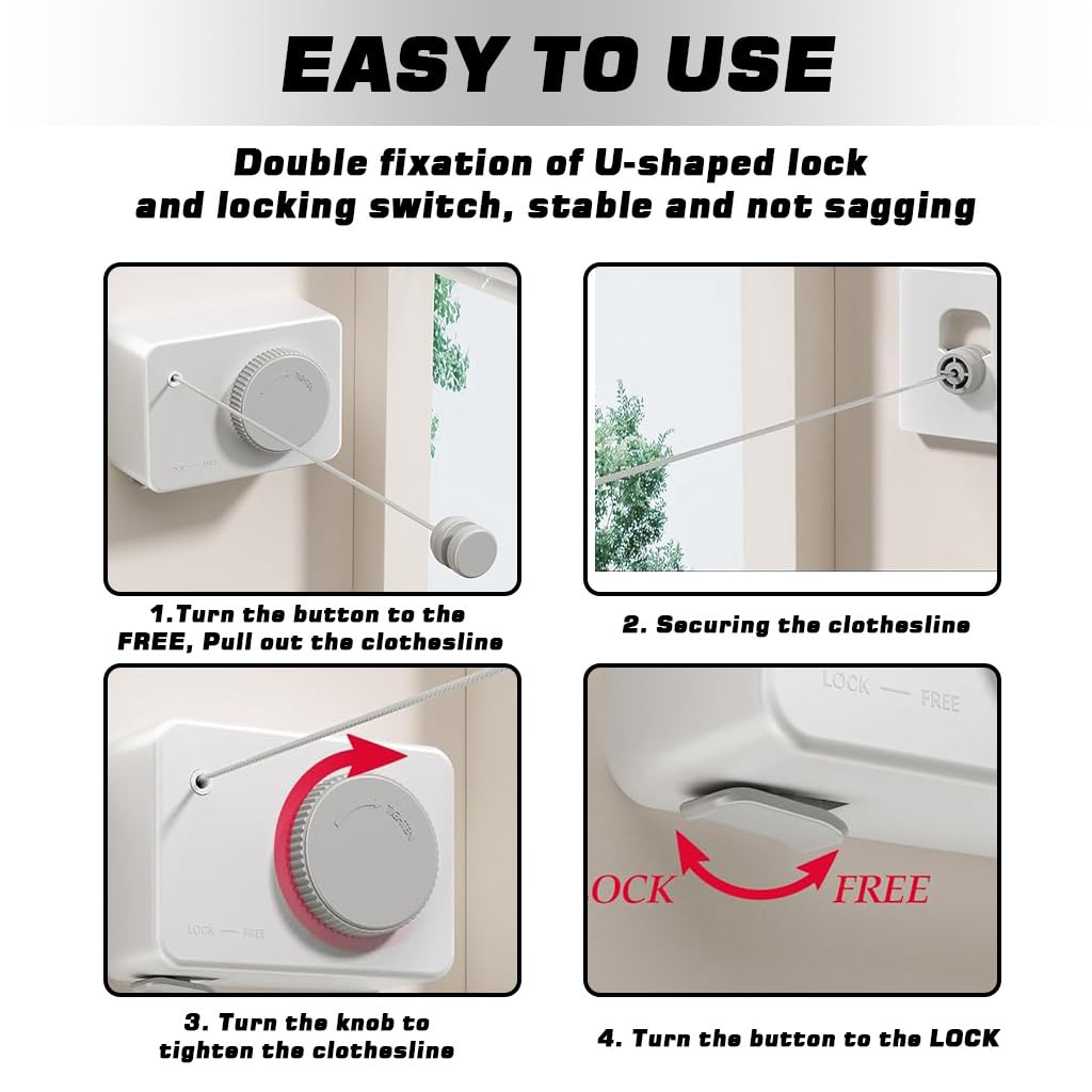 HASTHIP Retractable Clothesline for Indoor and Outdoor Use with One Button Retract | 4.2m Stainless Steel Adjustable Tension Laundry Line
