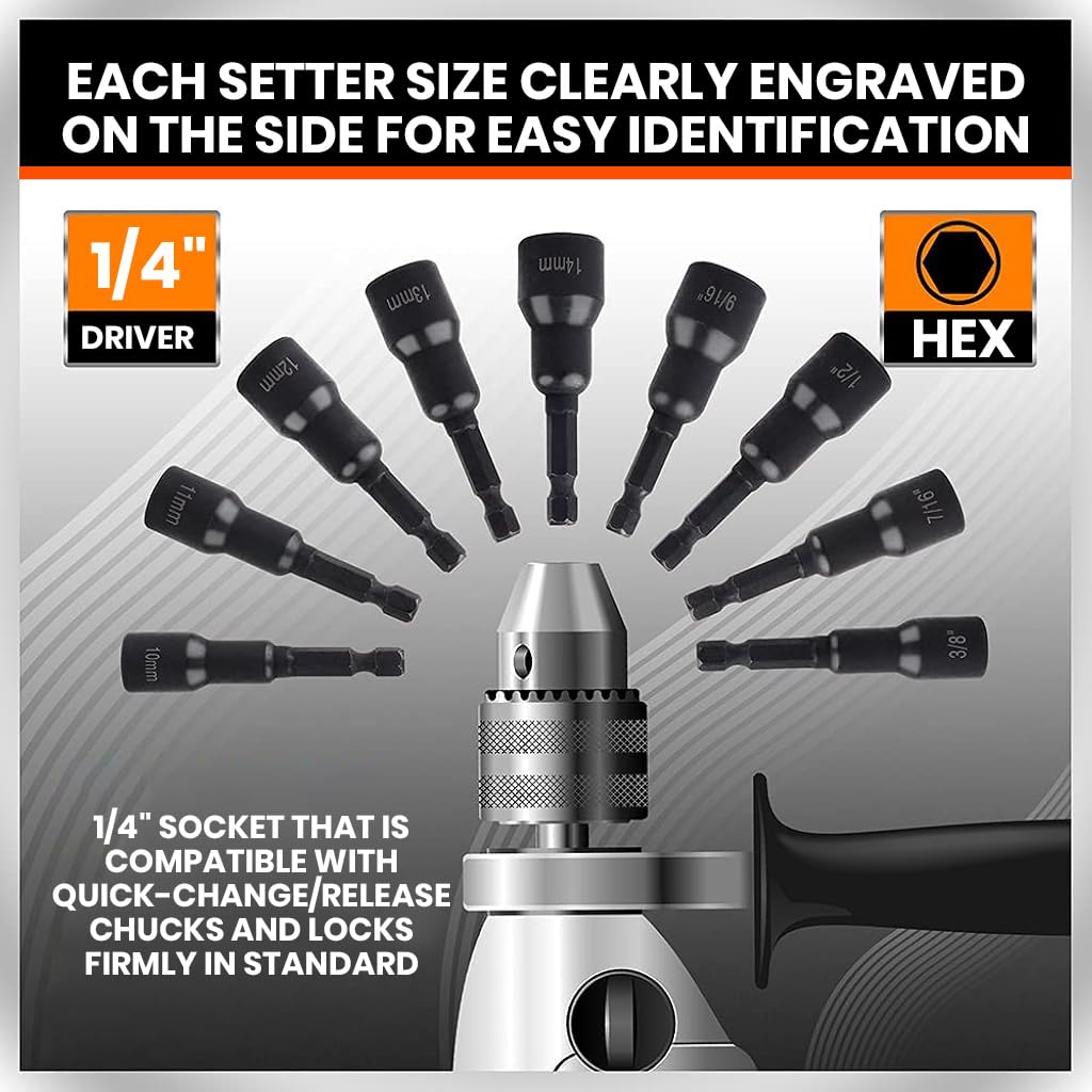 Serplex® 12Pcs Nut Driver Set Heavy Duty CR-V Hex Nut Driver Drill Bit Set with Carry Case Metric 1/4-Inch Quick-Change Impact Power Hex Nut Driver Drill Bit Kit Impact Power Accessories