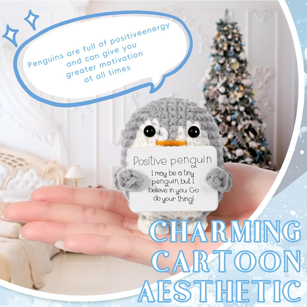 ZIBUYU Handmade Crochet Penguin Desk Decor with Positive Message Card for Office or Home | 2PCS Grey Set
