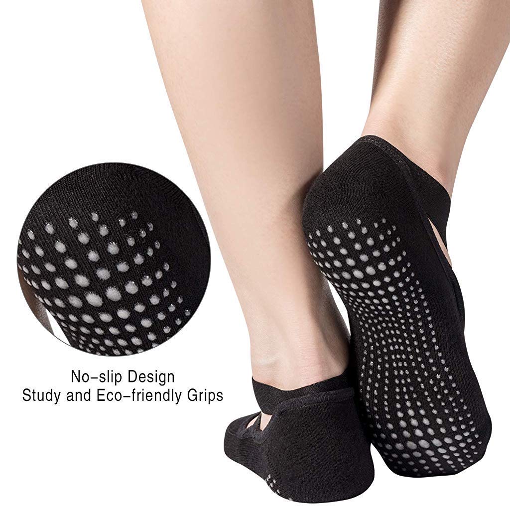 PROBEROS Women Yoga Ankle Socks for Pilates and Barre with Elastic Straps and Silicone Grips | 2 Pairs Cotton Black and Gray