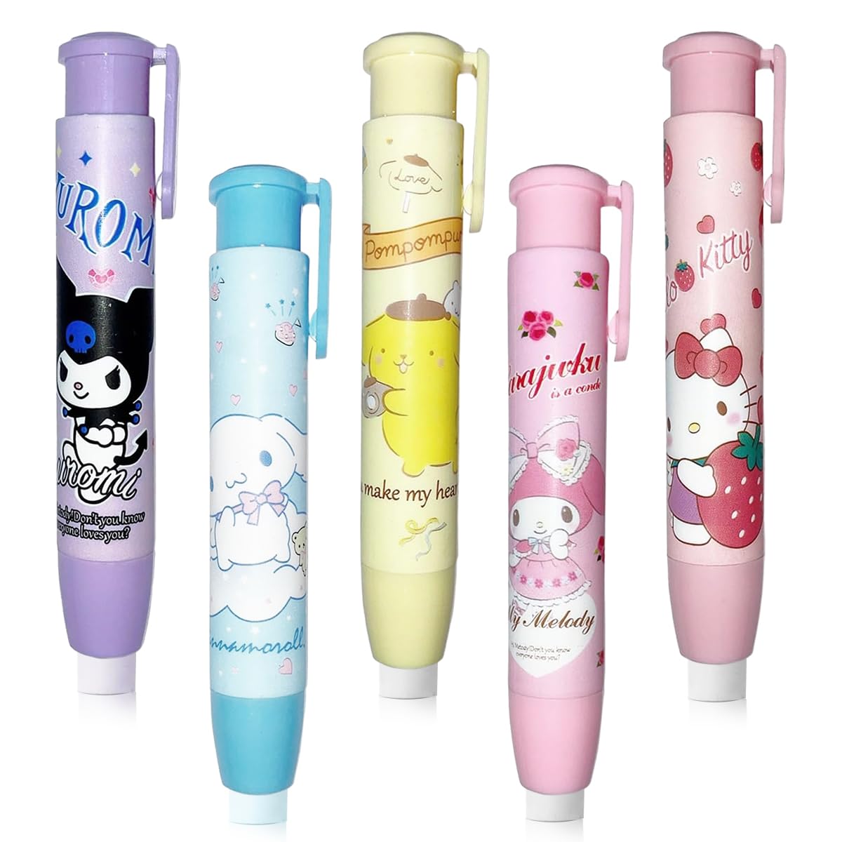 Climberty Cute Erasers for Kids with 10cm Retractable Pen Design featuring Built in Clip | Fun Rubber Set of 5