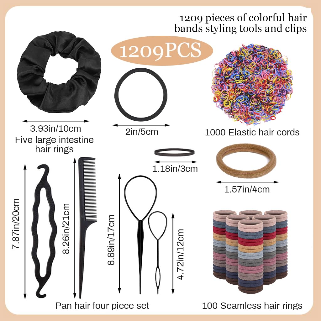 MAYCREATE Hair Styling Tool Kit with 1209 pcs Elastics and 4 Tools | Multi Color Scrunchies