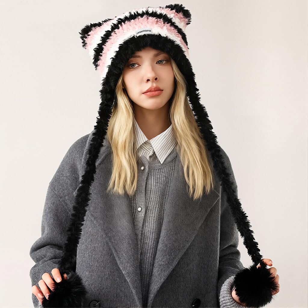 SANNIDHI Winter Cap for Women featuring Cat Ear Plush Knit Design and Pom Pom | Pink and Black Striped Beanie