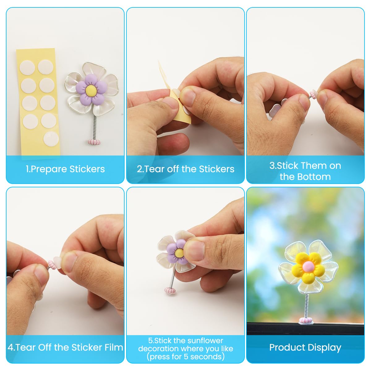STHIRA Car Decors for Dashboard with Swinging 2.36 in Mini Flowers Set of 5 | Cotton Adhesive Charm