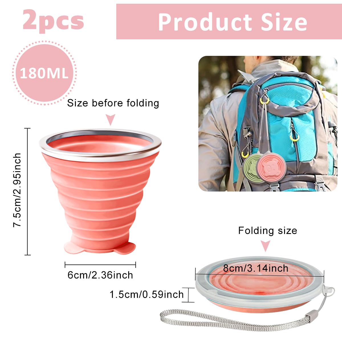 HASTHIP Collapsible Cup Set for Travel and Camping with Lids 4 Pack 180mL Silicone Pink&Green
