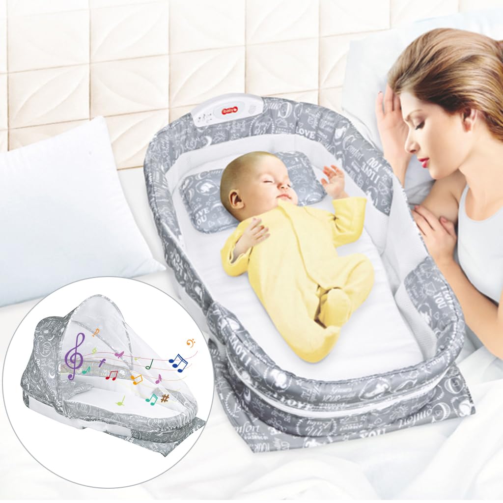 SNOWIE SOFT® Folding Toddler Floor Bed, Portable Kid Travel Bed,Sunshade with Mosquito,Portable Bassinet with Sound & Light Unit Net, Soft, Safe and Washable, Good Ideal for Toddlers and Kids - Gray