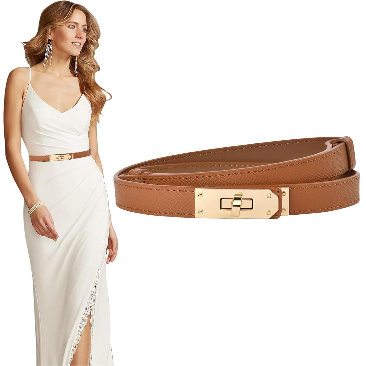 PALAY Waist Belt for Women featuring Alloy Turn Lock Buckle and Adjustable 65–105 cm Fit | Brown PU Leather Dress Accessory