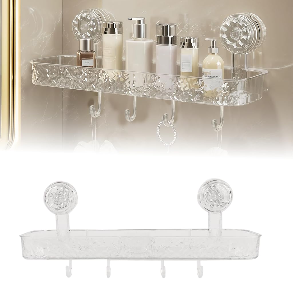 HASTHIP Bathroom Toiletries Organizer Tray for Wall Mount Storage with 4 Hooks and Quick Drainage | Clear Textured 36x10x3.5cm Design