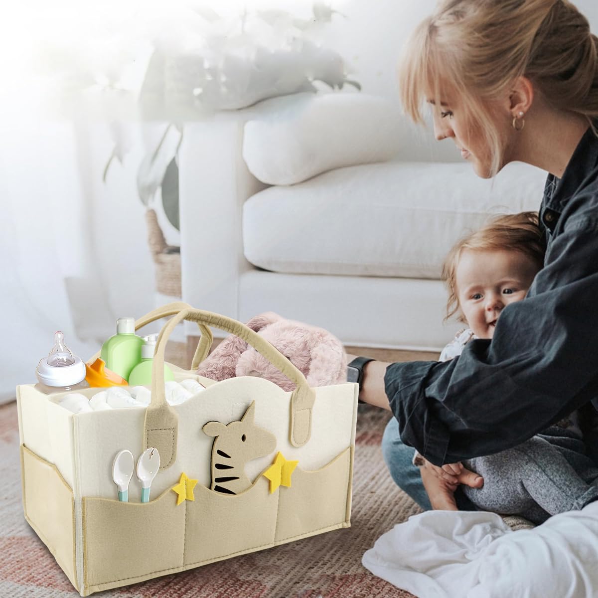 Zibuyu Baby Diaper Caddy Organizer with Multi Compartments and Felt Handle | Portable Nursery Storage Basket