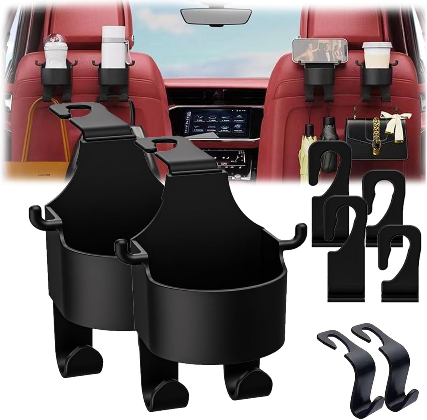 STHIRA Car Organizer Hanger for Headrest with Dual Hooks and Cup Holder | 2Pcs Plastic Set
