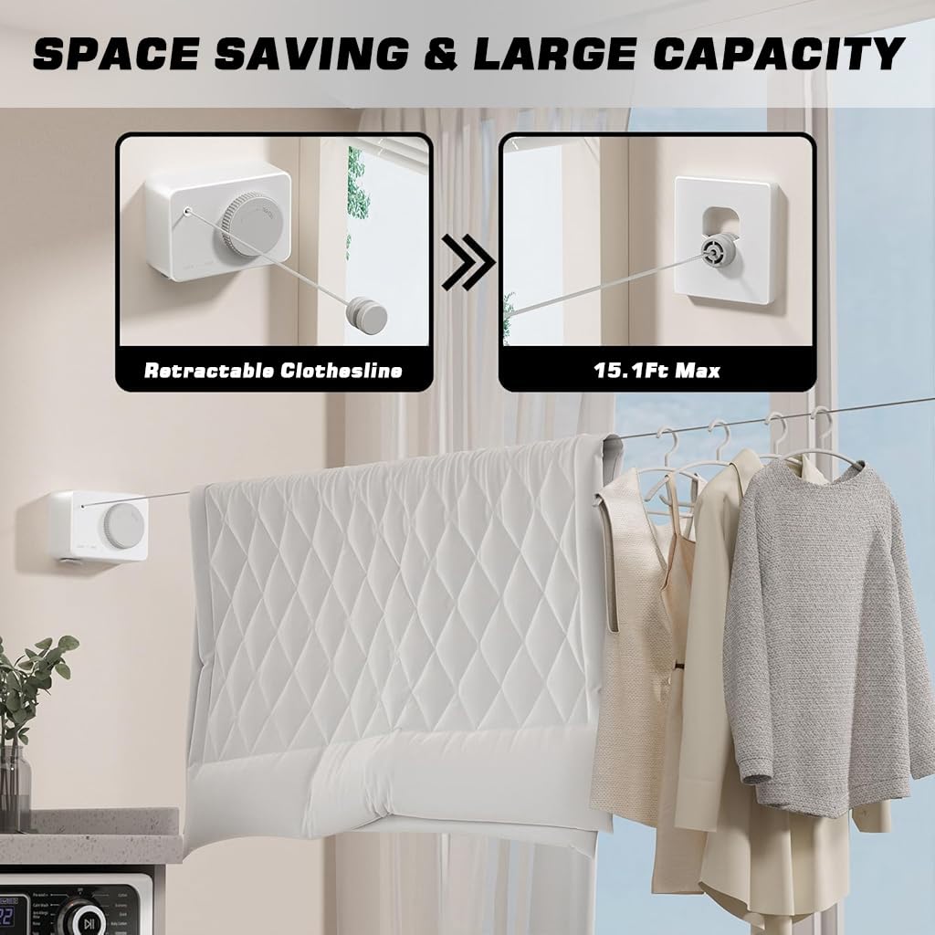 HASTHIP Retractable Clothesline for Indoor and Outdoor Use with One Button Retract | 4.2m Stainless Steel Adjustable Tension Laundry Line