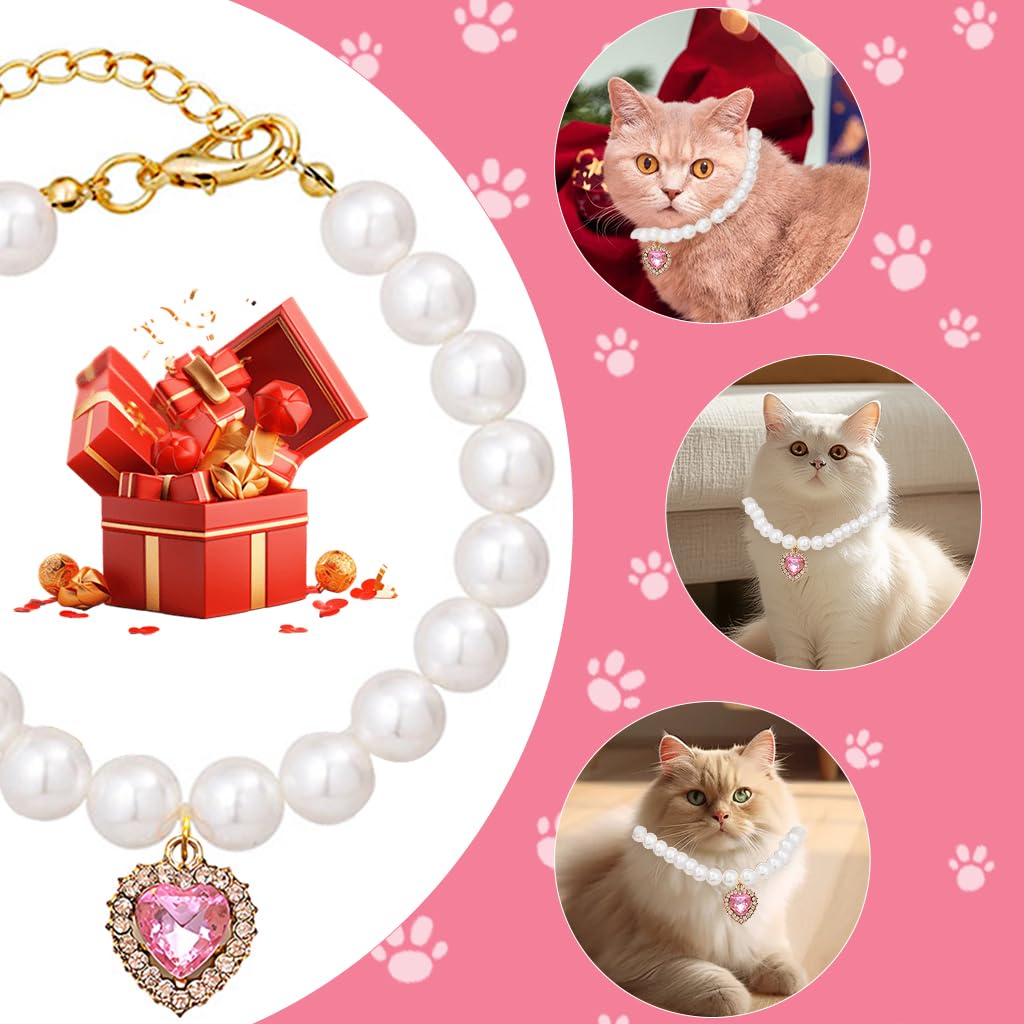 Qpets Jewelry Cat Collar for Photoshoots with Pink Rhinestone Heart and Pearls | Adjustable 9–11 in Fit
