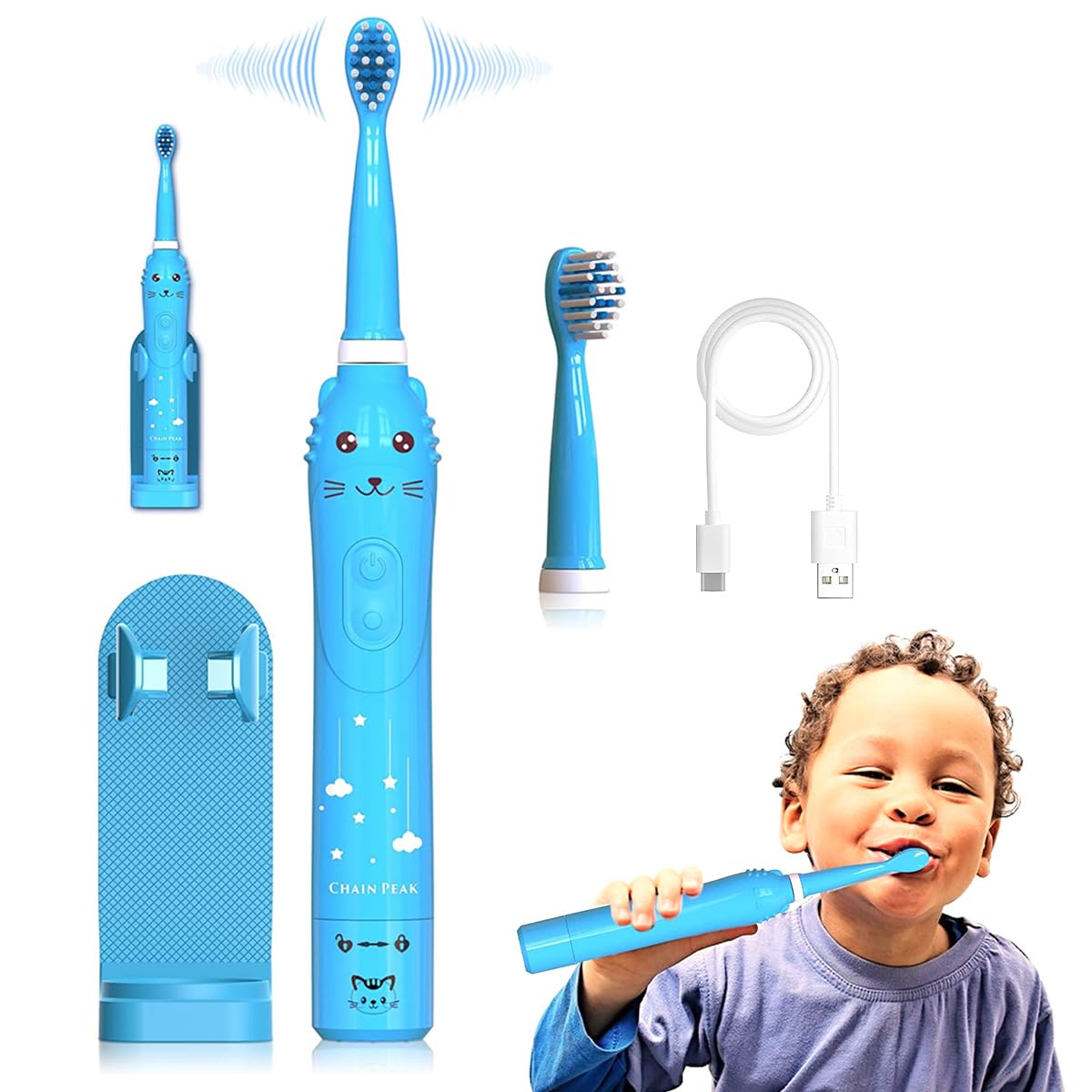 HANNEA® Electric Toothbrush For Kids, Battery Powered brush tooth, Age 3+, Soft Nylon Bristles, Chargeable automatic Tooth Brush With 6 Brushing Modes, 2 Interchangeable Brush Heads(Blue)