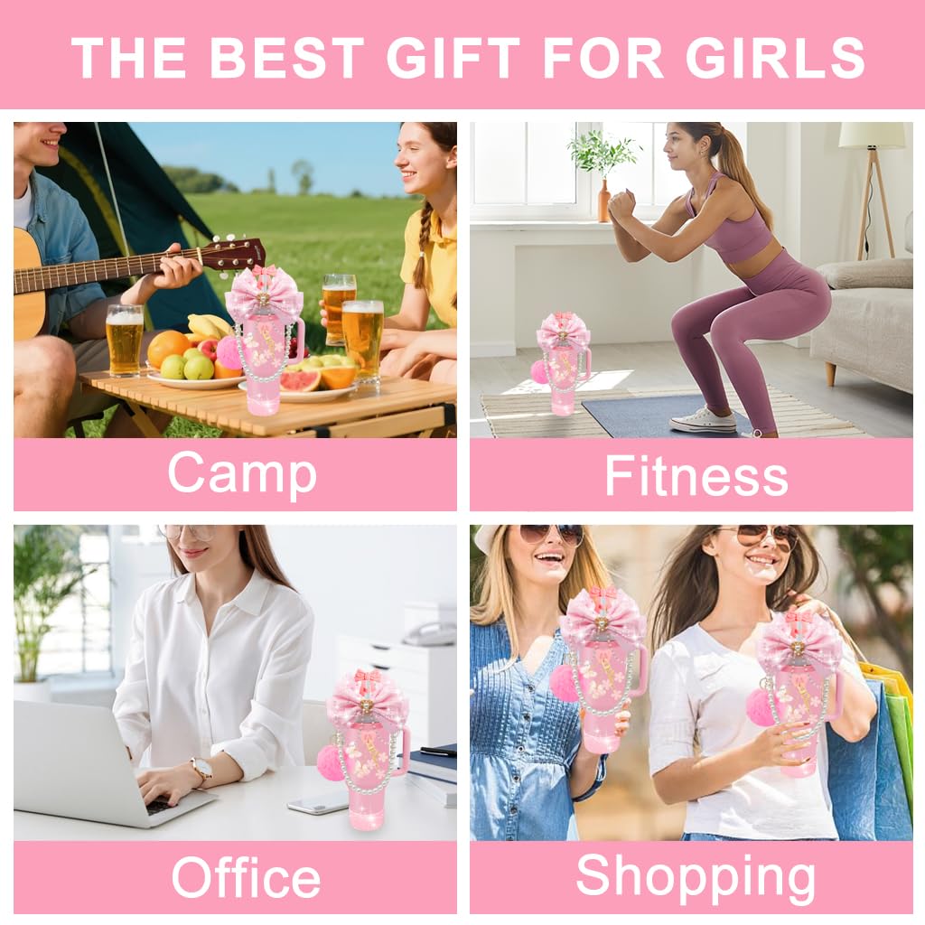 HASTHIP Stanley Cup Accessories for Women featuring 9Pcs Pink Bow and Beaded Lanyard Set