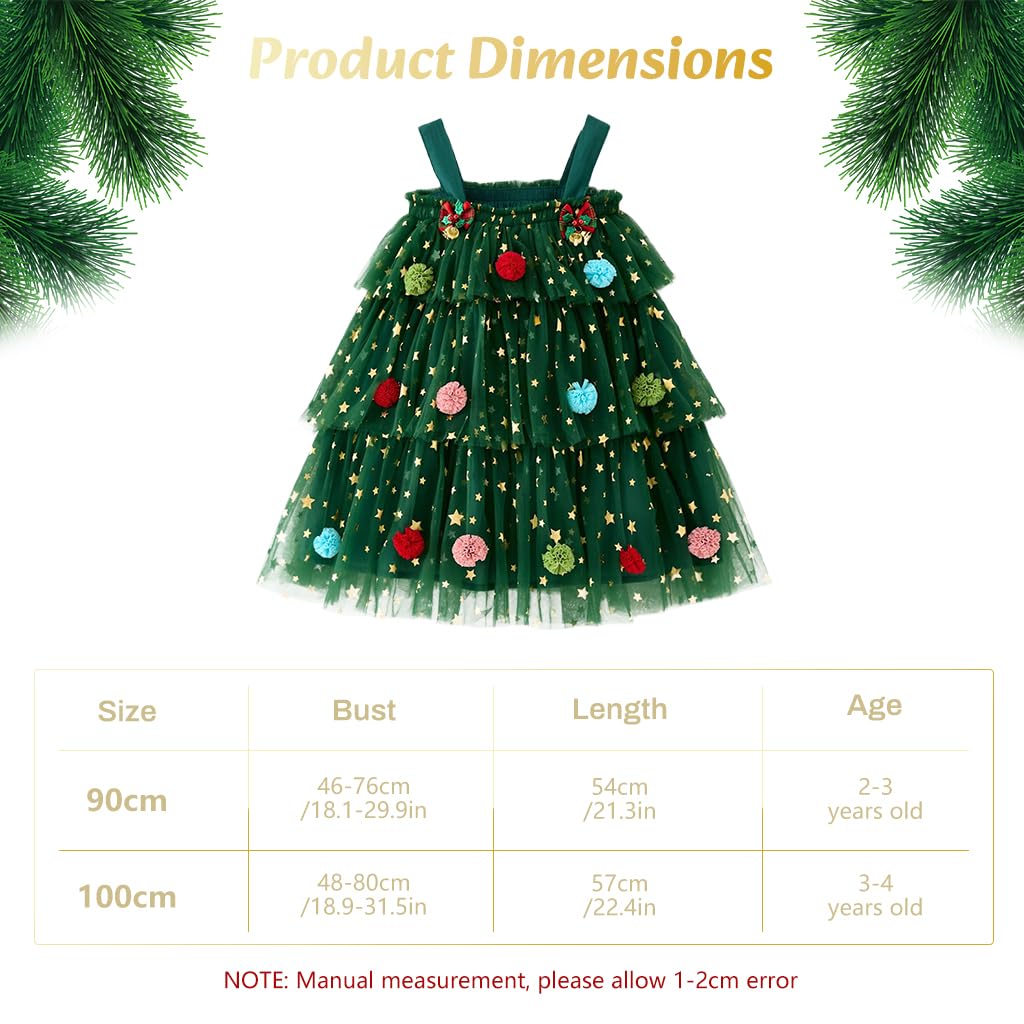 PATPAT Toddler Girls Christmas Party Dress with Tulle Layers and Gold Stars | Green 3-4 Years