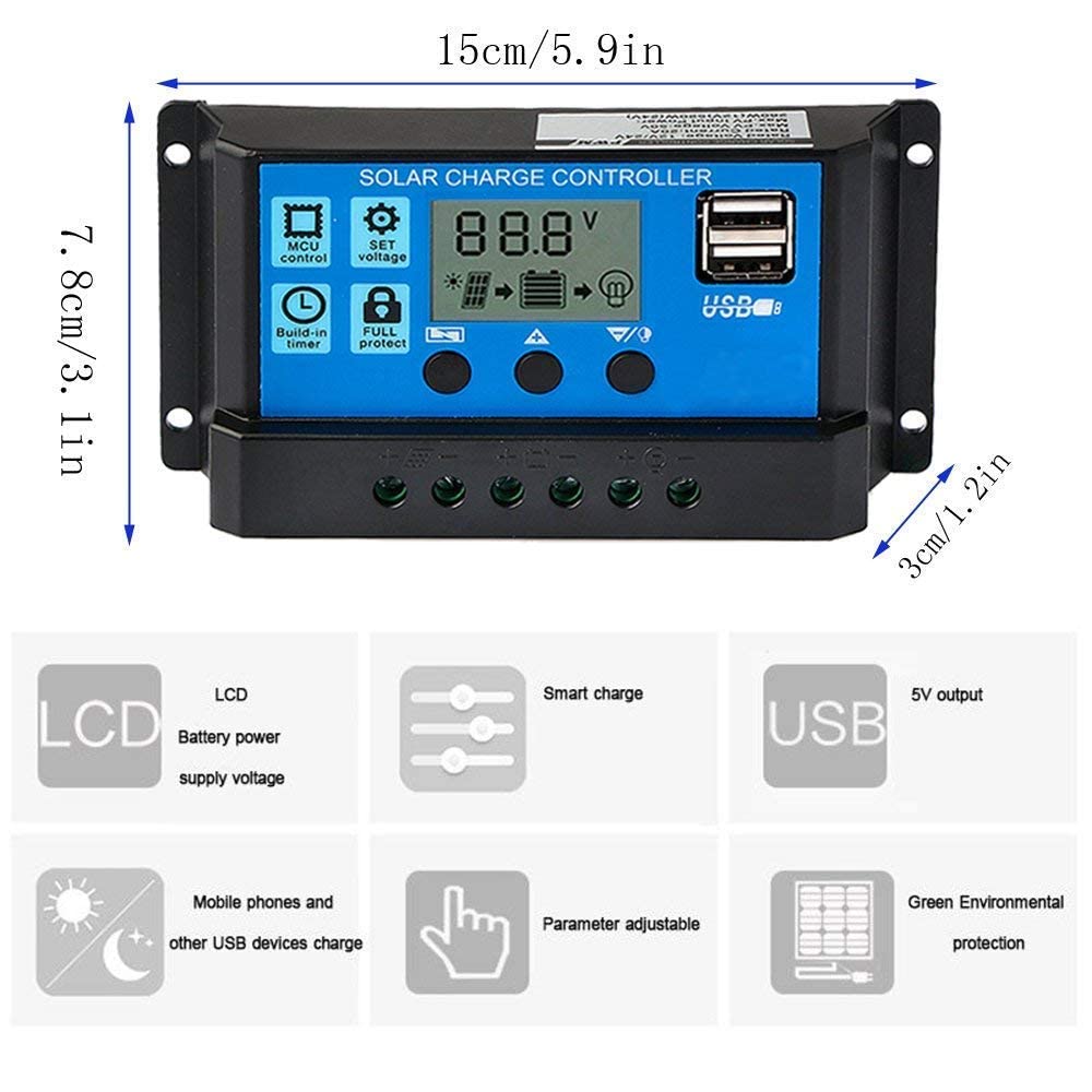 Verilux 20A 12V/24V Solar Charge Controller Solar Panel Controller Intelligent Regulator with Dual USB Port 5V Light Timer Control LCD Display