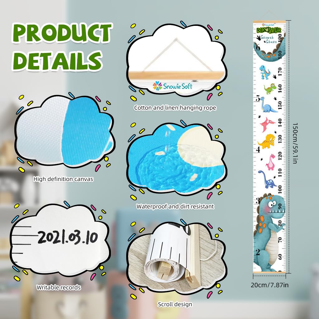 SNOWIE SOFT Cartoon Growth Chart for Kids 60–180cm Canvas Waterproof Blue Dinosaur 2PCS