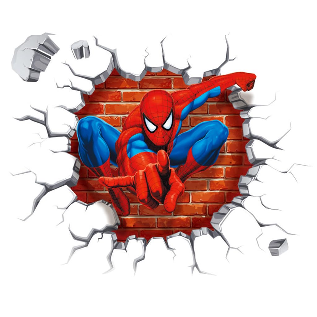 HASTHIP® 1 Sheet 3D Wall Paper Sticker Superhero Spiderman 3D Wall Paper Self Adhesive PVC Wall Paper Removable Cartoon 3D Wall Paper for Kids Room, Bed Room, Living Room, 19.6 x19.6 inches