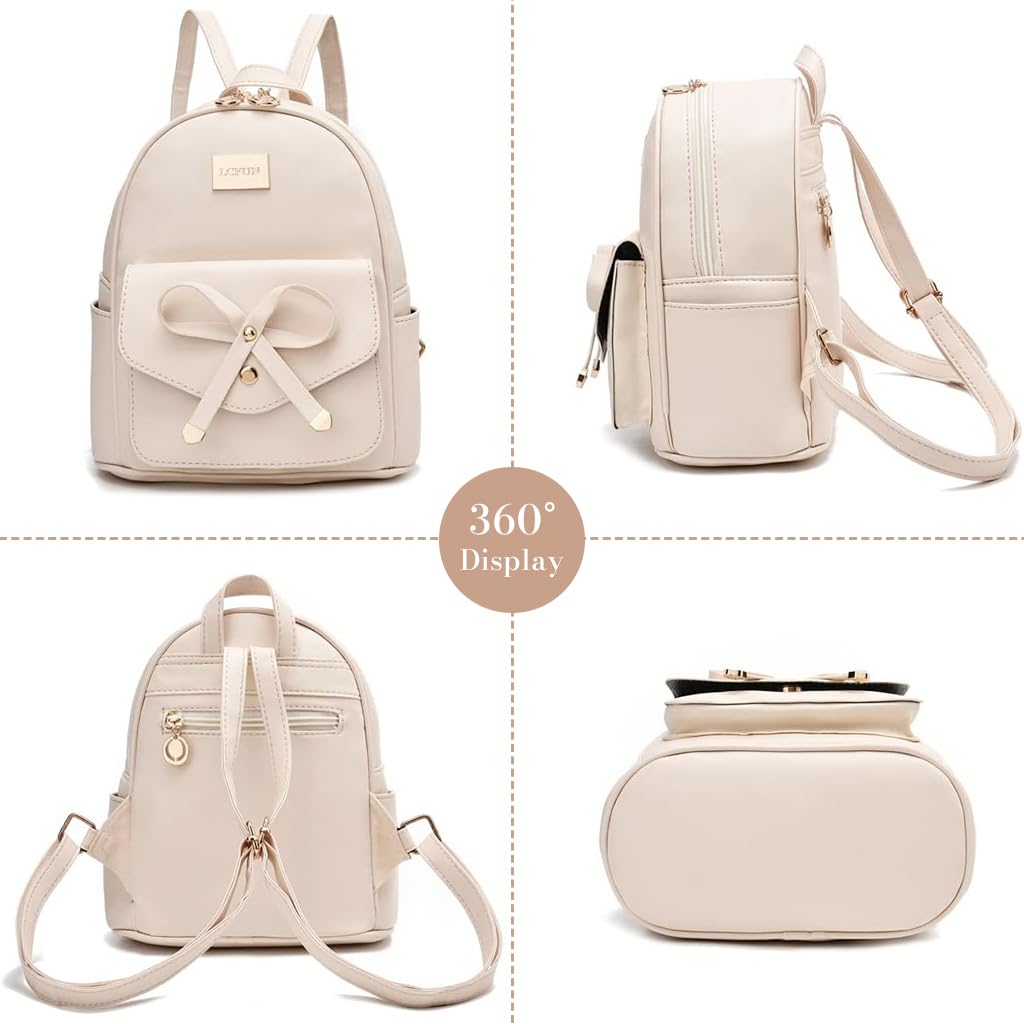 PALAY Girls Leather Backpack for School and Travel with Dual Zippers 22x13x24cm | White Bowknot Purse