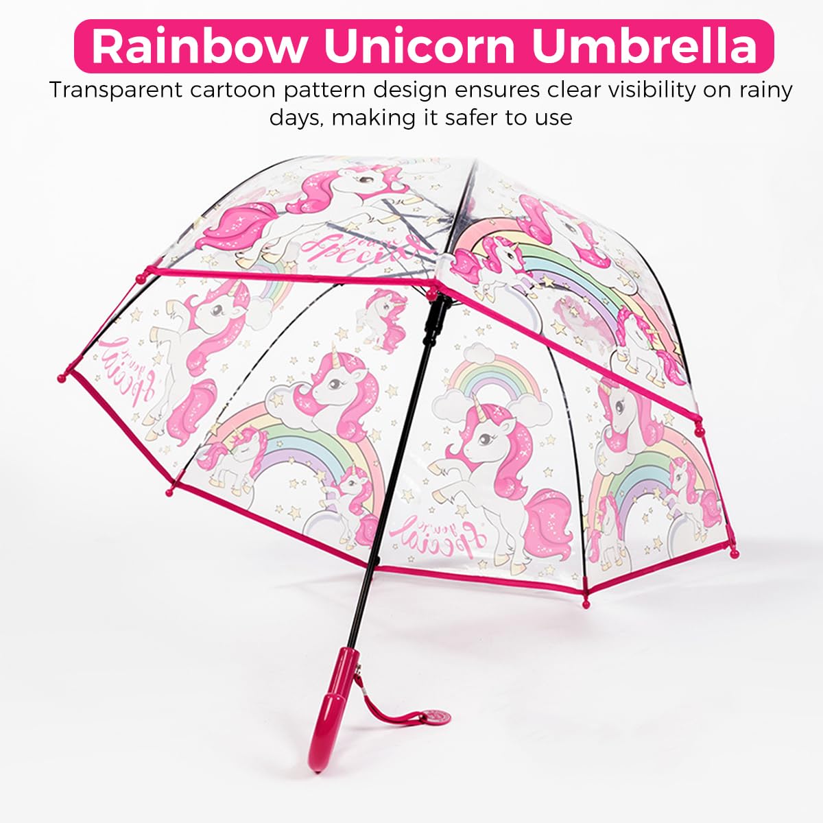 PATPAT® Umbrella for Kids Rain Umbrella Cartoon Unicorn Transparent Kids Umbrella for Girls 5-6 Years Old, Windproof Waterproof Princess Dome Bubble Shape, Girls Umbrella with Grip Handle for Children